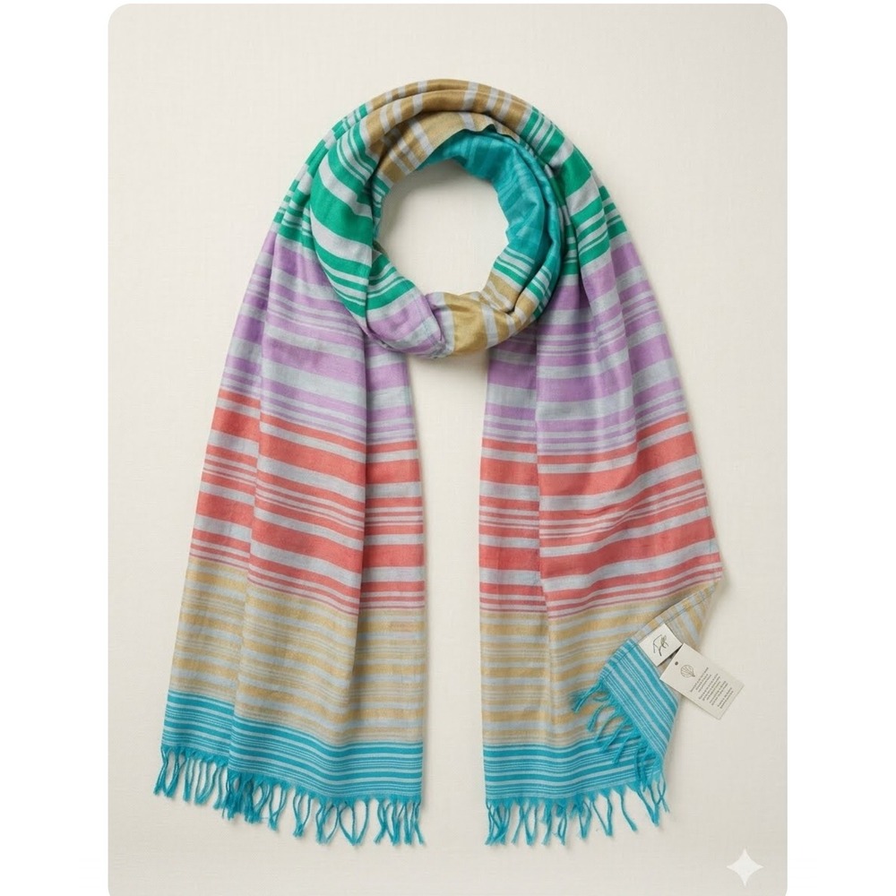 Multi Color Striped Lightweight Woven Scarf Teal Purple Coral Gold Fringe Trim